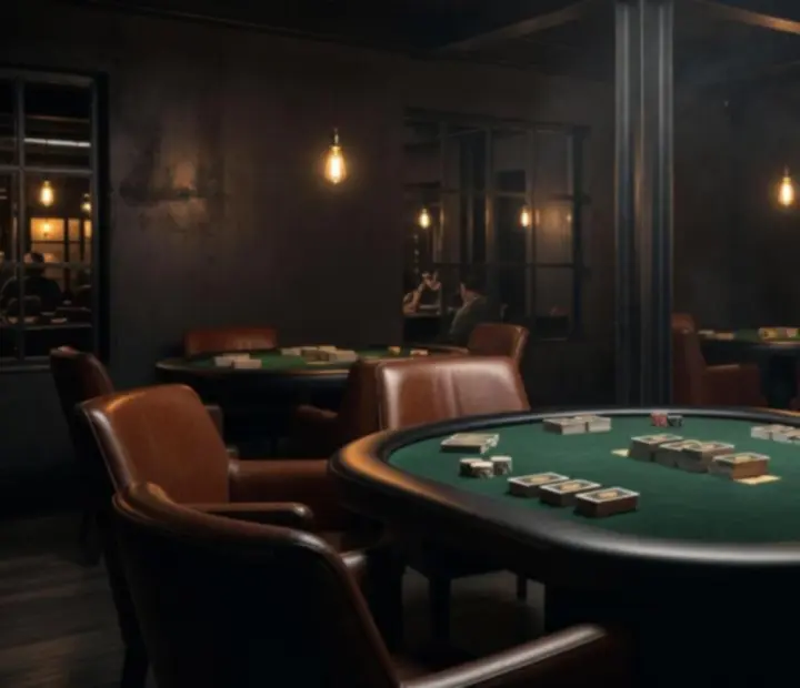 Kameralny wieczorny Vault Card Room w Velokravinox z nastrojowym oświetleniem i stołami do gier karcianych.