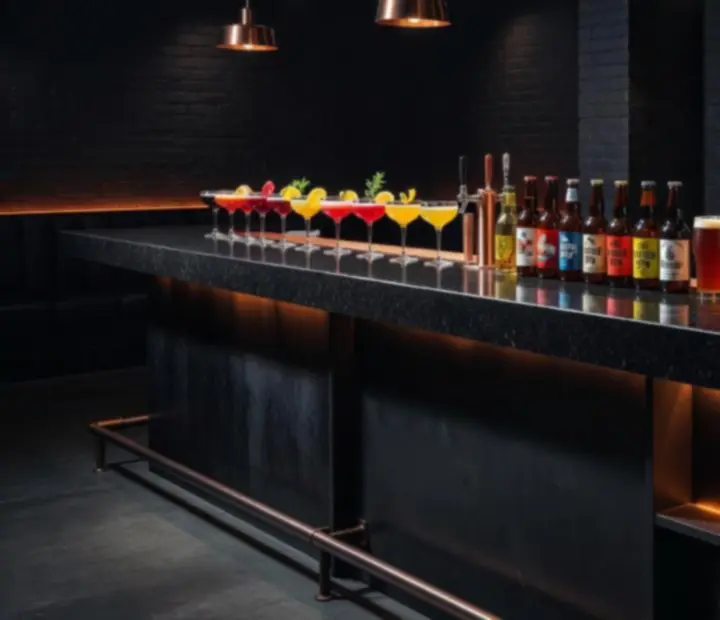 Ciemny bar z craftowymi koktajlami i podświetloną ścianą butelek.