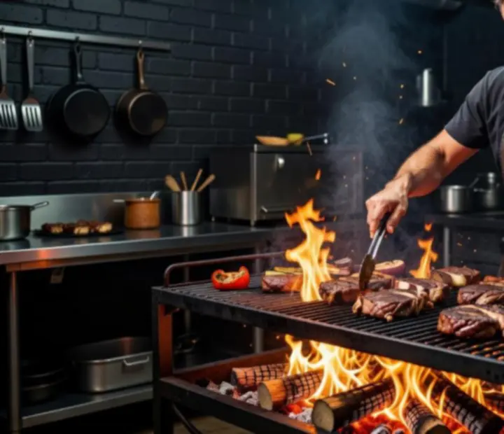 Grill master w akcji przy otwartym ruszcie, otoczony płomieniami i dymem.