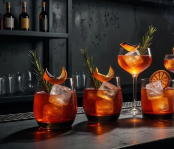 Koktajle na ciemnym barze w dymnym świetle lounge.