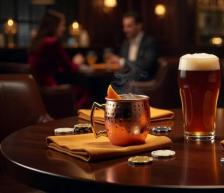 Stół z kartami i zestawem rzemieślniczych drinków w przyciemnionym świetle.
