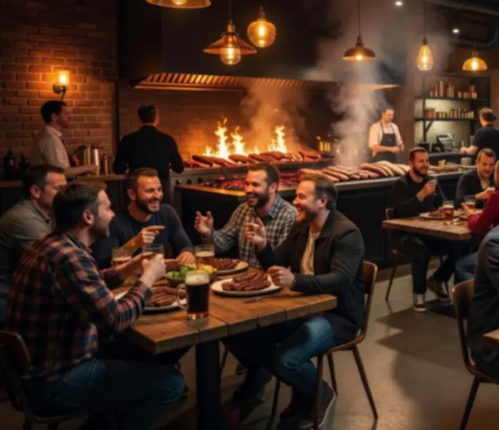 Ciemne industrialne wnętrze Velokravinox z rozświetlonym grillem w trakcie wieczornego wydarzenia.
