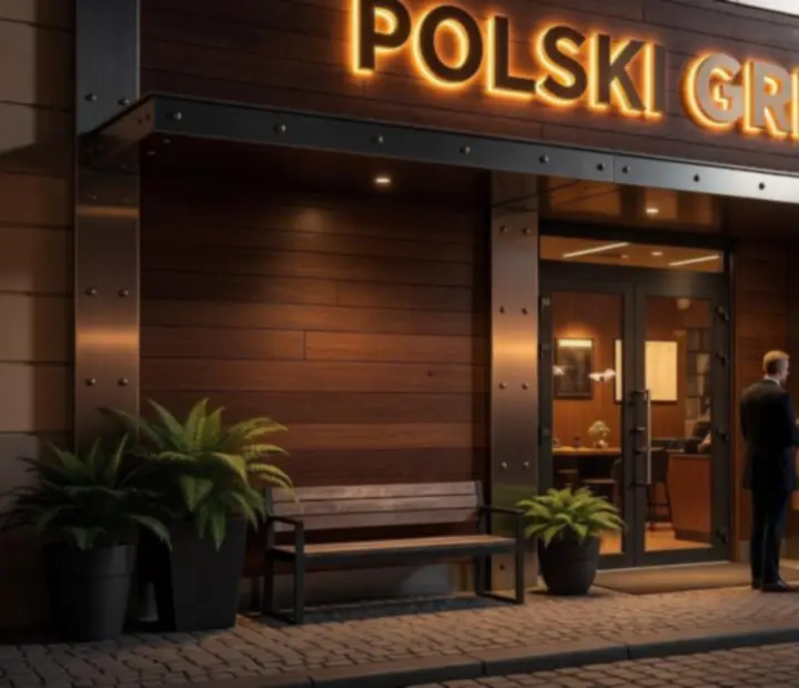 Fasada Velokravinox nocą z industrialnym oświetleniem i wejściem do bistro.