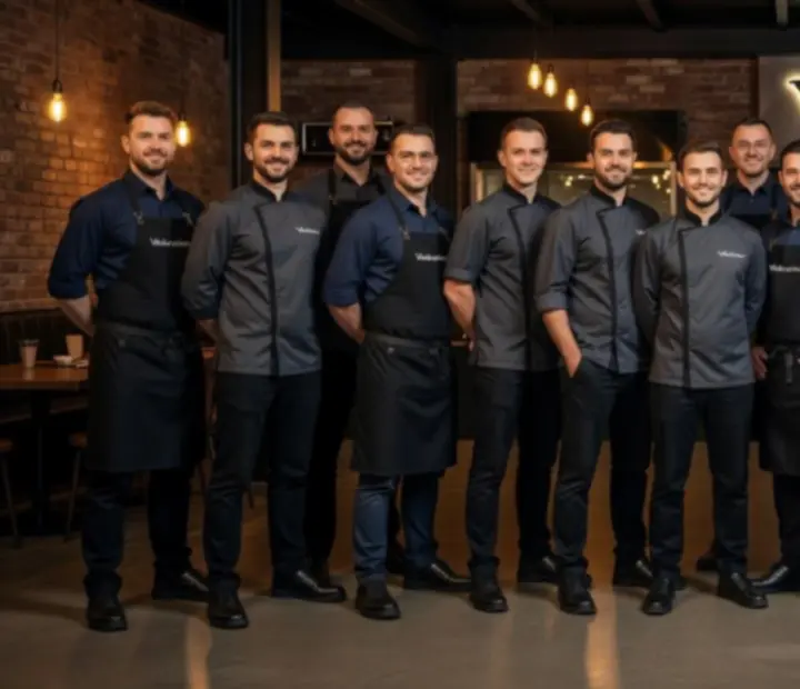 Zespół obsługi Velokravinox w Polsce serwujący dania z grilla i drinki w przyciemnionym, industrialnym wnętrzu.